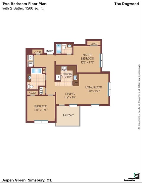 Floor plan for 2 beds, 2 baths, 1197 sqft